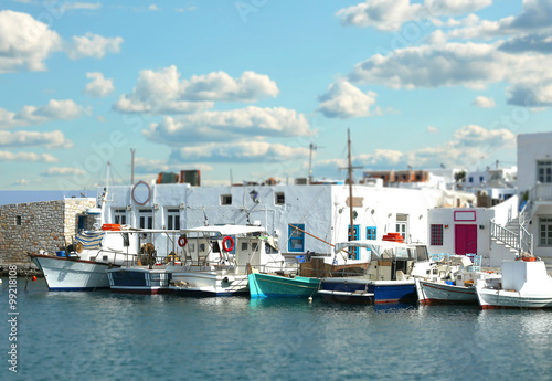 Boats at the pier with tilt effect in Paros, Greece © pink candy
