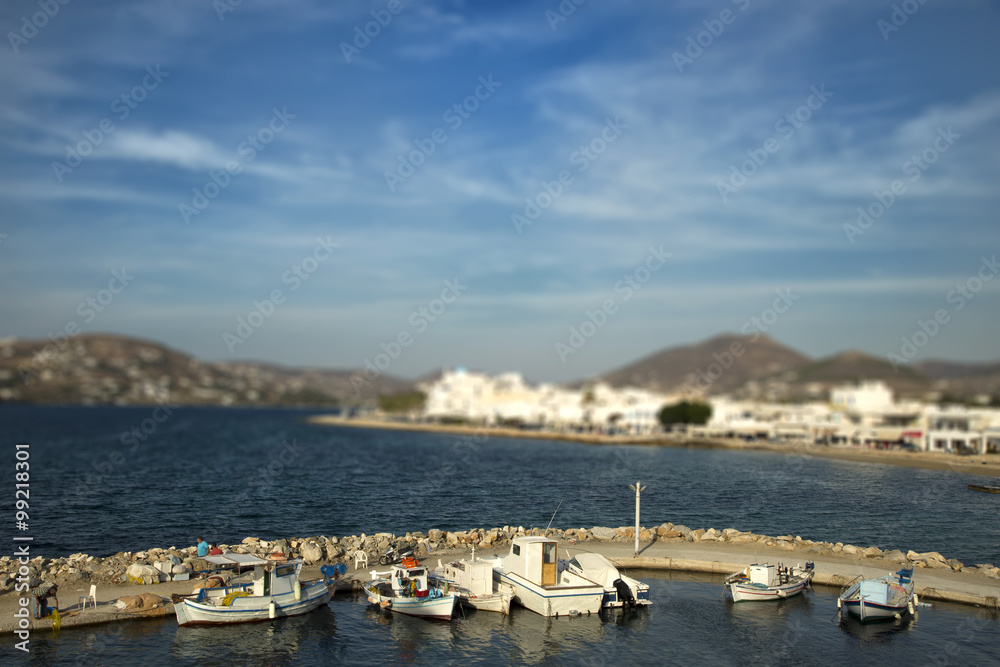 Boats at the pier with tilt effect in Paros, Greece