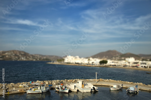 Boats at the pier with tilt effect in Paros, Greece
