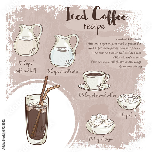 vector hand drawn illustration of iced coffee recipe with list of ingredients
