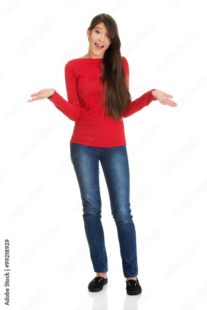 Beautiful student woman making undecided gesture. Beautiful student woman making undecided gesture.