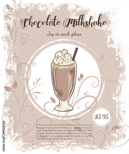 vector hand drawn illustration of drinks menu pages with cup of chocolate milkshake