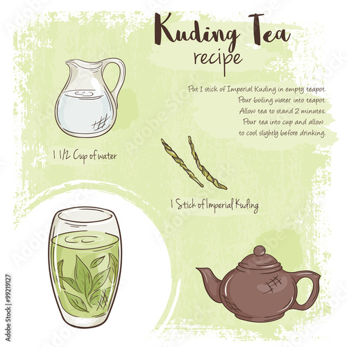 vector hand drawn illustration of kuding tea recipe with list of ingredients