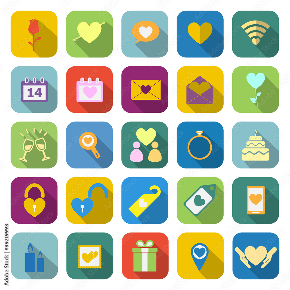 Valentine's day color icons with long shadow Valentine's day color icons with long shadow