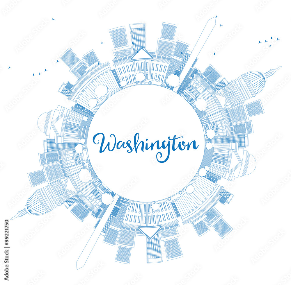 Outline Washington DC Skyline with Copy Space and Blue Buildings. Some elements have transparency mode different from normal.