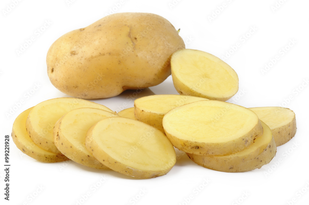 Fresh sliced potatoes on white background