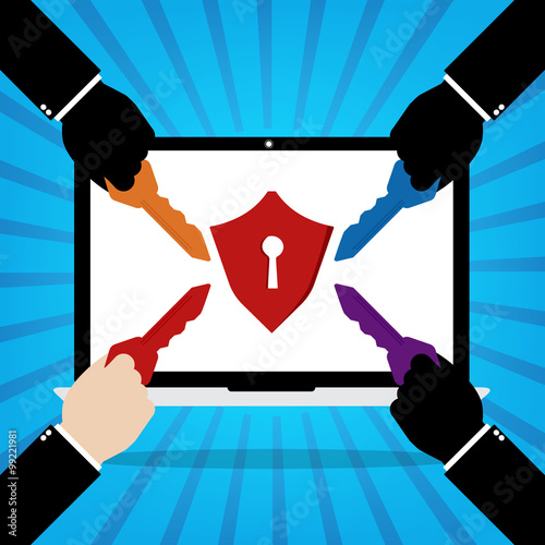 Computer laptop with red protection key lock and human hands wit