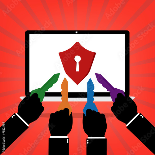 Computer laptop with red shield with keyhole and human hands wit