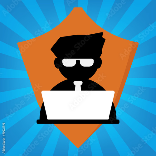 Businessman with computer laptop with orange shield protection.