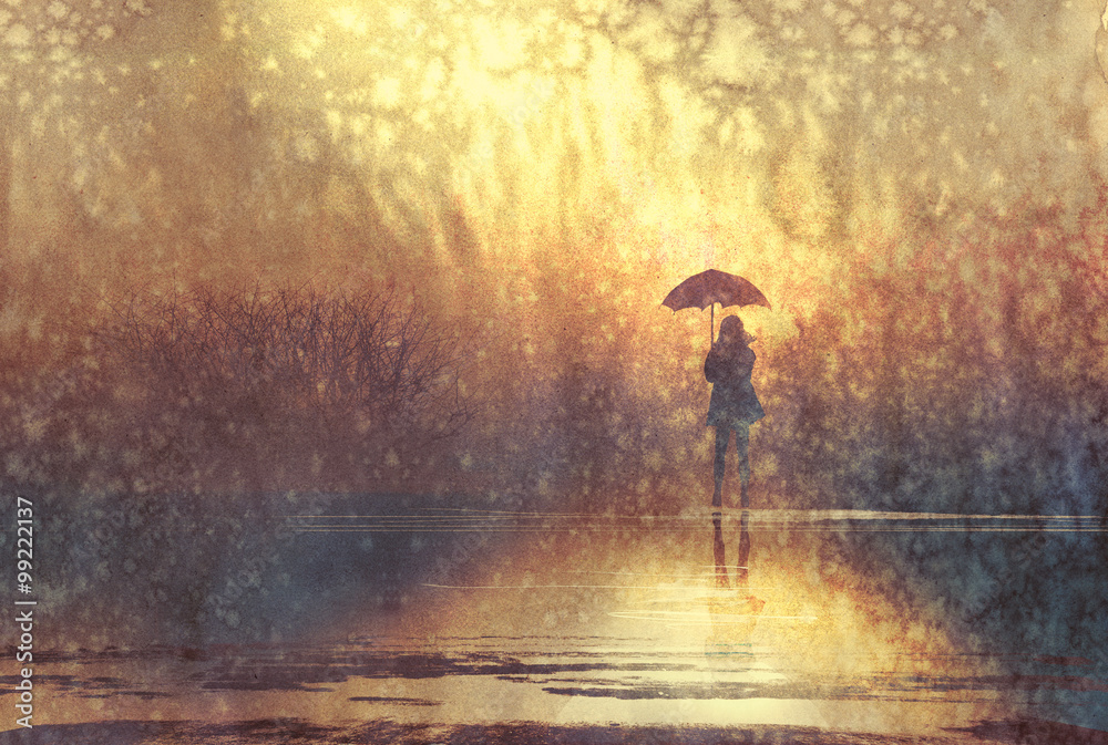 Fototapeta premium lonely woman with umbrella in lake,illustration