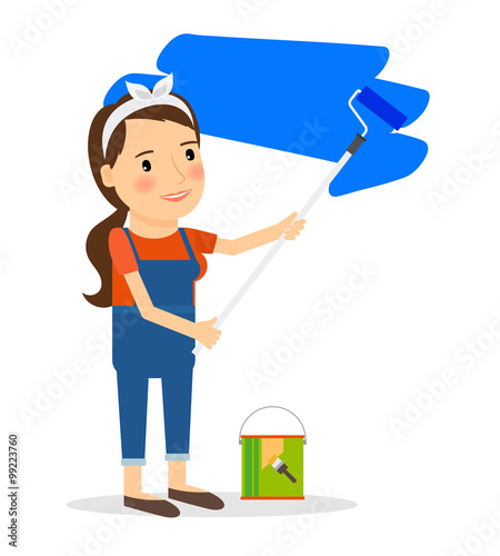 Woman paint wall at home