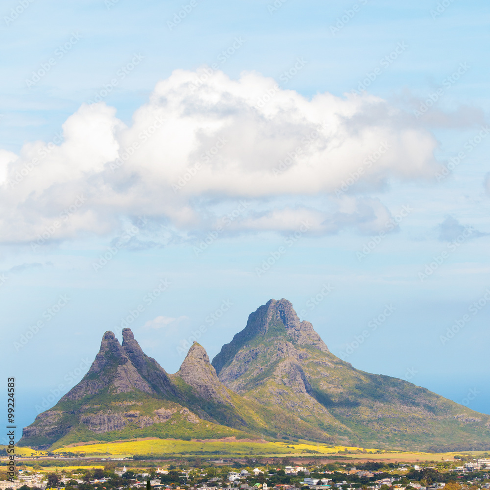 Trois Mamelles mountain over Curepipe on Mauritius Island.