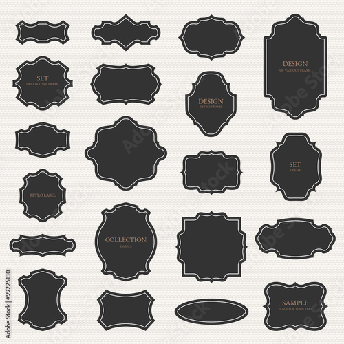 Collection of various frames, labels. Vector illustration. Set of blank retro badges.