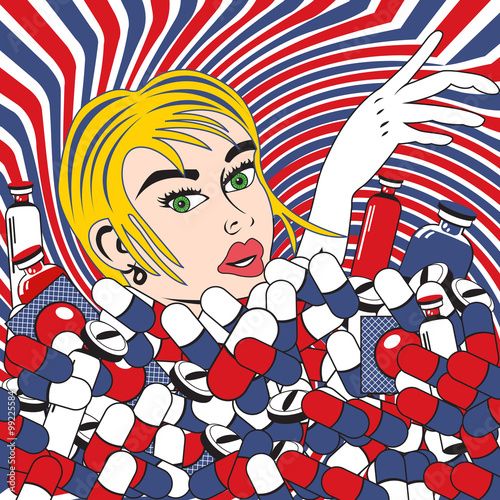 Girl is drowning in pills, pop art style