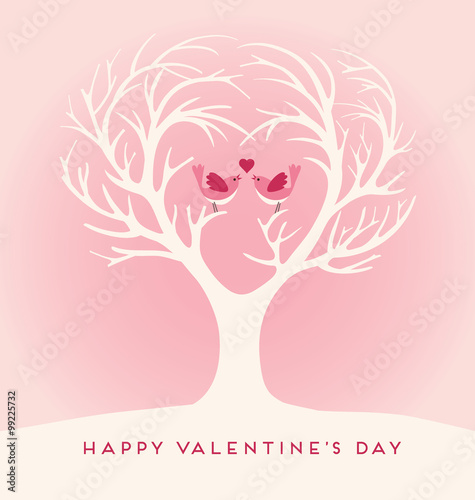 Happy Valentines Day tree with lovebirds