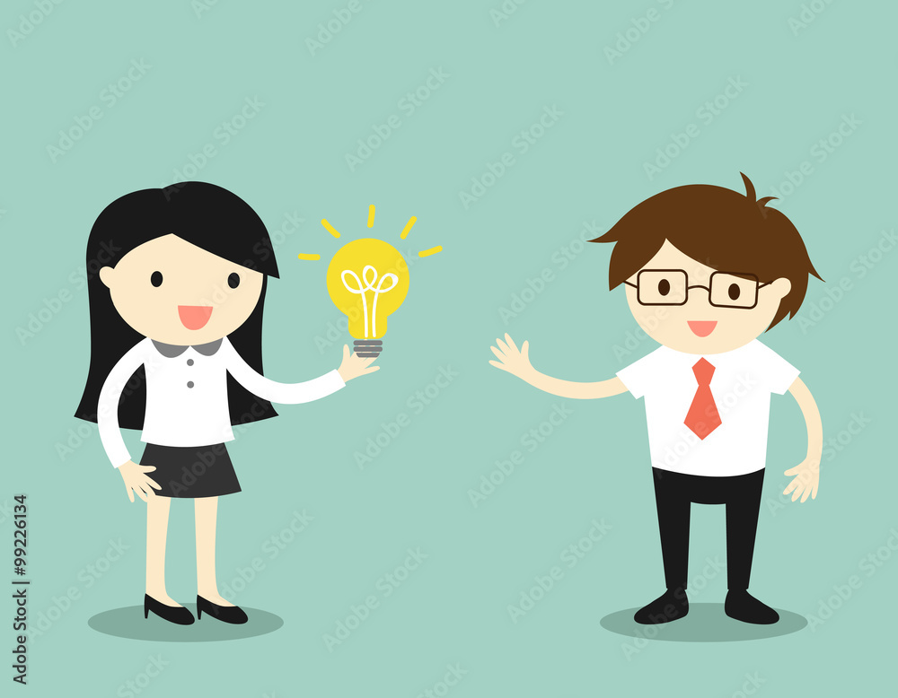 Business concept, Business woman give her idea to businessman. Vector illustration. Business concept, Business woman give her idea to businessman. Vector illustration.