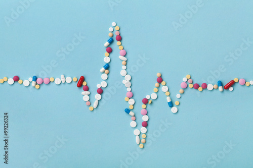 Cardiogram is made of colorful drug pills, pharmaceutical and cardiology concept photo