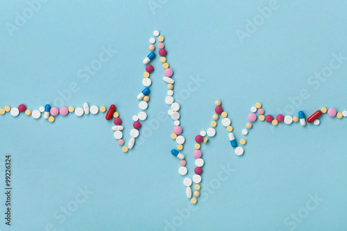Cardiogram is made of colorful drug pills, pharmaceutical and cardiology concept