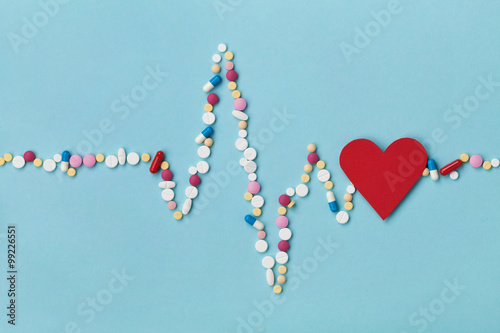 Cardiogram is made of colorful drug pills and red paper heart, pharmaceutical and cardiology concept