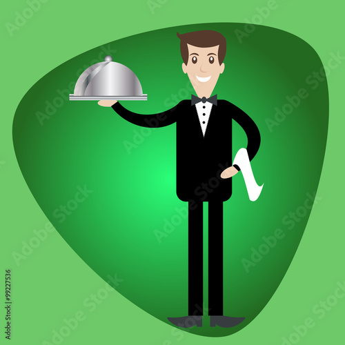 Waiter serving a meal under a silver cloche illustration