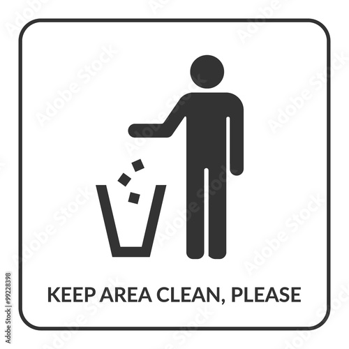 Keep clean icon. Do not litter sign. Silhouette of a man, throwing garbage in a bin, isolated on white background. No littering symbol in square. Public Information Icon. Stock vector illustration