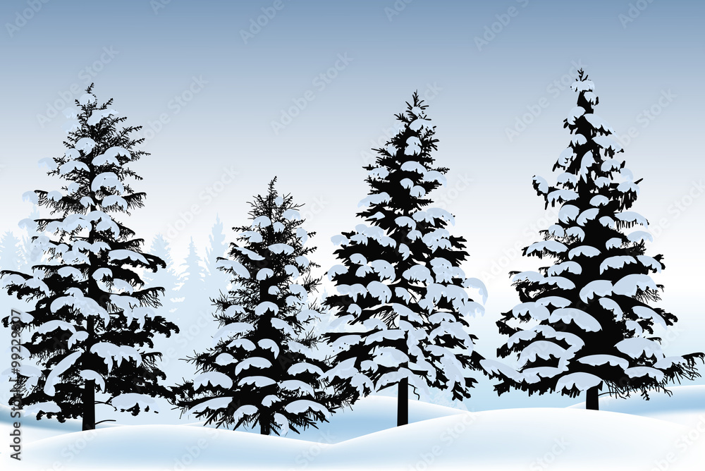 winter fir silhouettes in snow on blue background winter fir silhouettes in snow on blue background