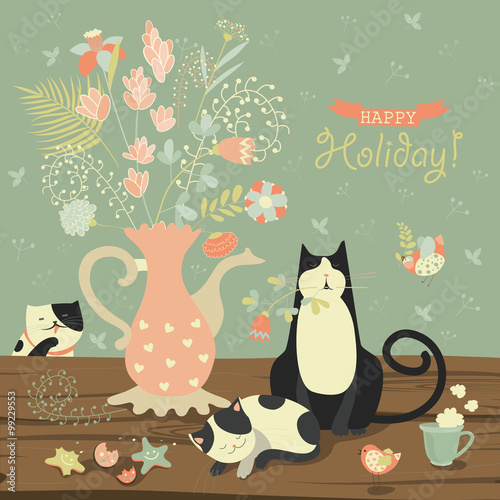 Still-life with a bouquet of flowers and cats 