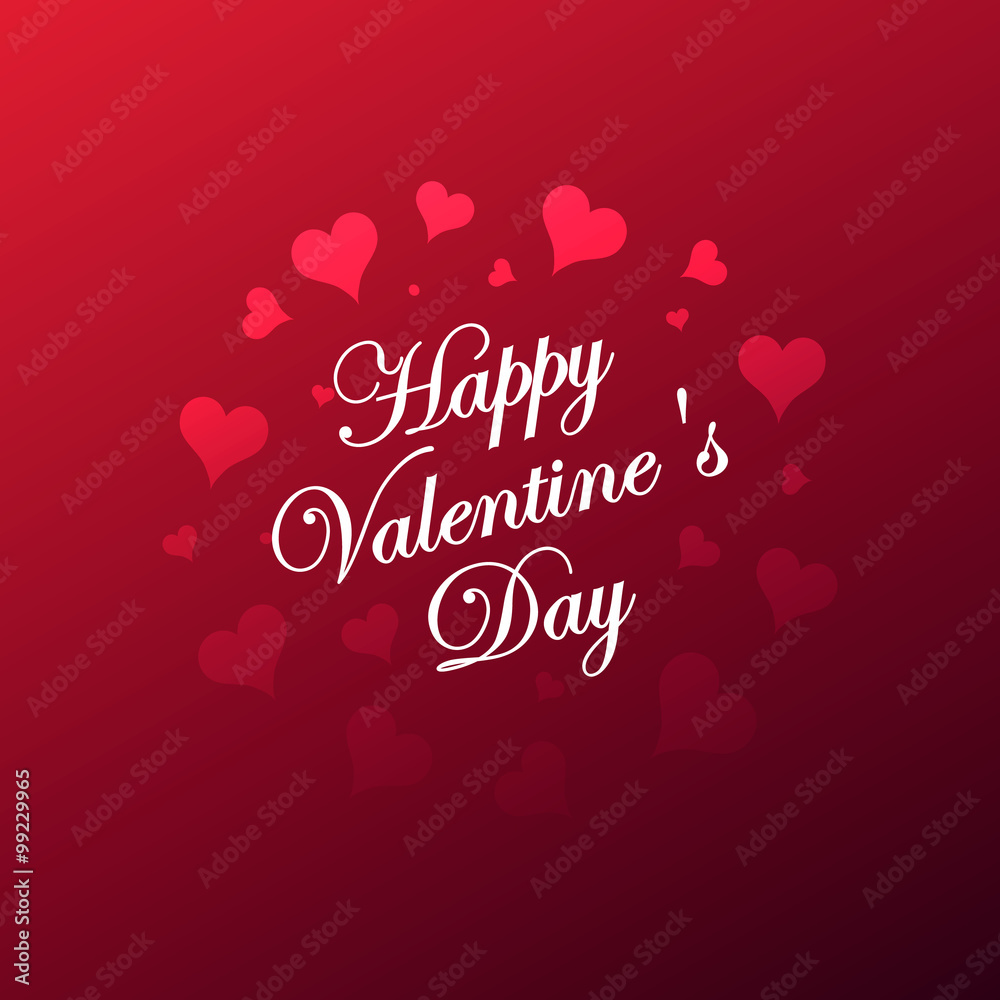 Beautiful lettering calligraphy white text with a shadow. Calligraphy inscription Happy Valentine's Day card hearts boke blurred on a red pink background. Vector illustration EPS 10