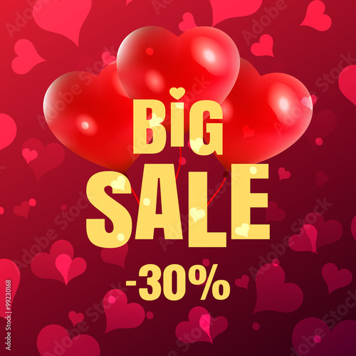 Happy Valentine's Day -30% big sale card glowing gold yellow text with red realistic banner with heart it a red pink background. Vector illustration EPS 10