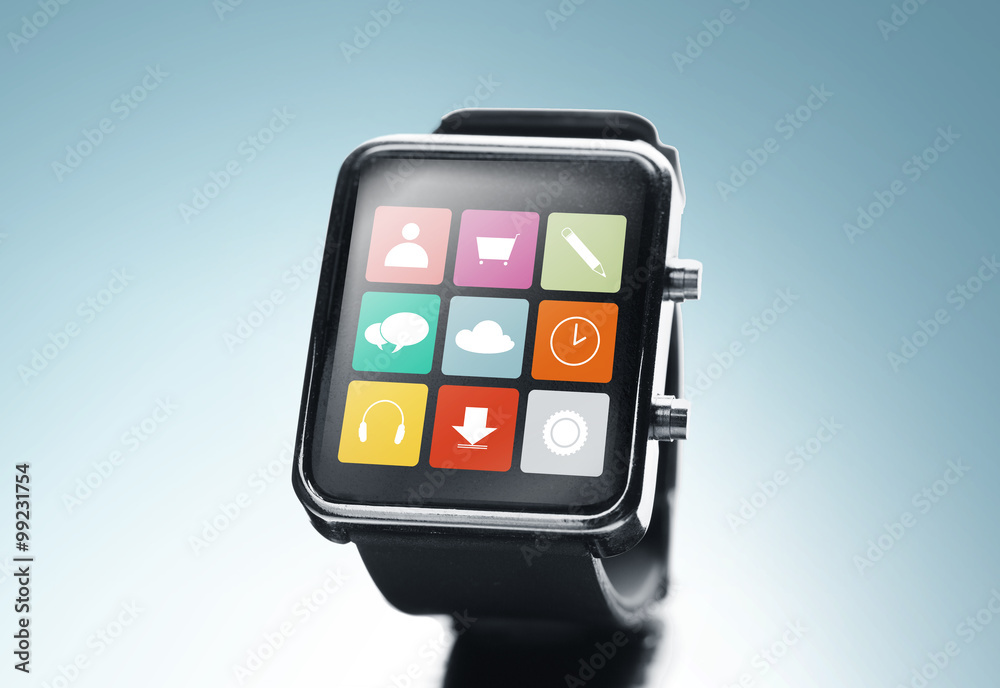 close up of black smart watch with app icons close up of black smart watch with app icons