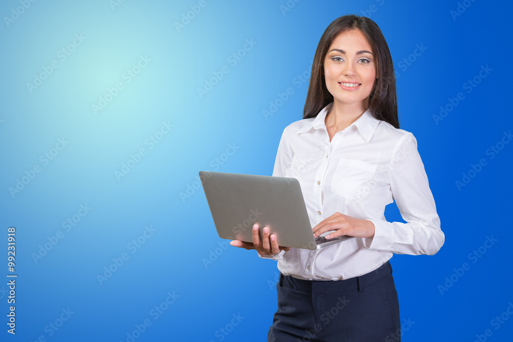 Brunette woman hug laptop computer, she love her work Brunette woman hug laptop computer, she love her work