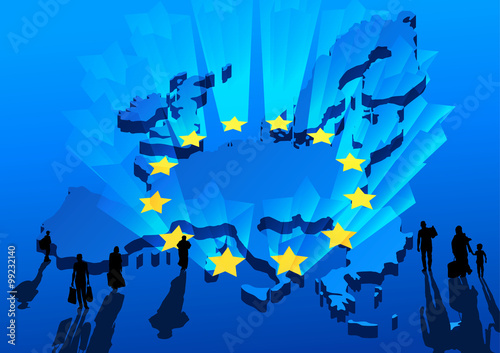 Silhouettes of refugees on background the map and shining stars EU