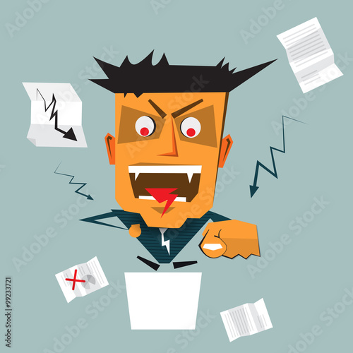 Illustration vector of Angry boss (senior businessman) standing at podium and screaming (scolding, shouting ) is dissatisfied with results and shouting and pointing to his employee