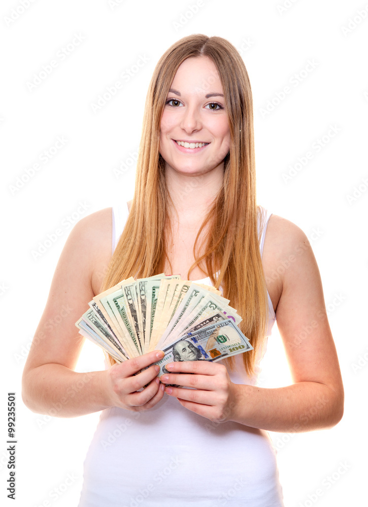 Attractive young woman holding bunch of us dollar notes. All on white background. Attractive young woman holding bunch of us dollar notes. All on white background.