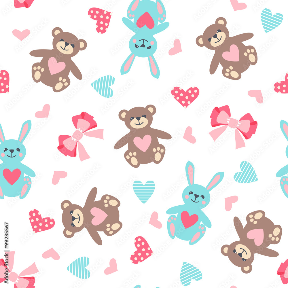 Obraz premium Cute seamless pattern with bear, hare, bow and heart