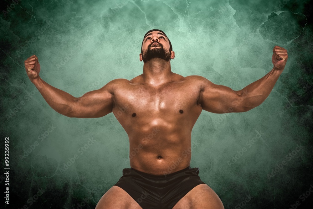 Composite image of muscular man flexing for camera