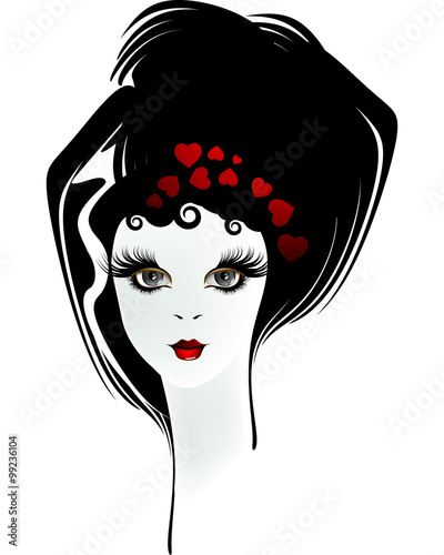girl head portrait gothic style and hearts. Halloween or Valentine tattoo, print, cards, posters, t-shirts 