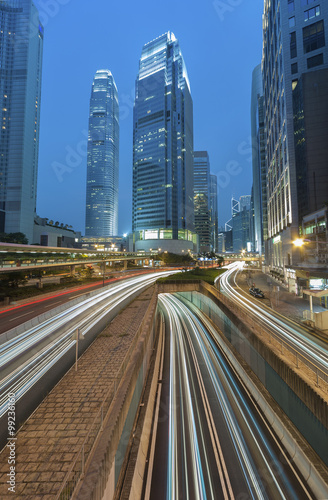 Hong Kong city at dusk with busy traffic