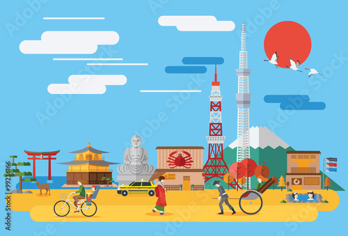 Flat design, Illustration of Japanese icons and landmarks