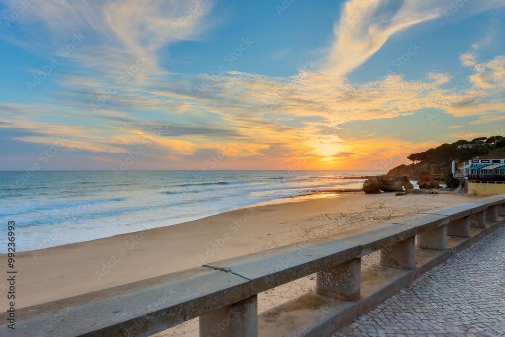 Sunset on the beach Olhos de Agua. Portugal Albufeira.