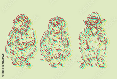 Illustration of 3 wise monkeys in stereoscopic 3d effect