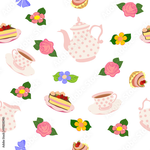 Vector repeating pattern from the kettle, cups, cake, cupcakes and flowers.
