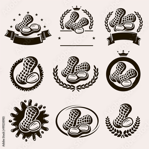 Peanuts label and icons set. Vector