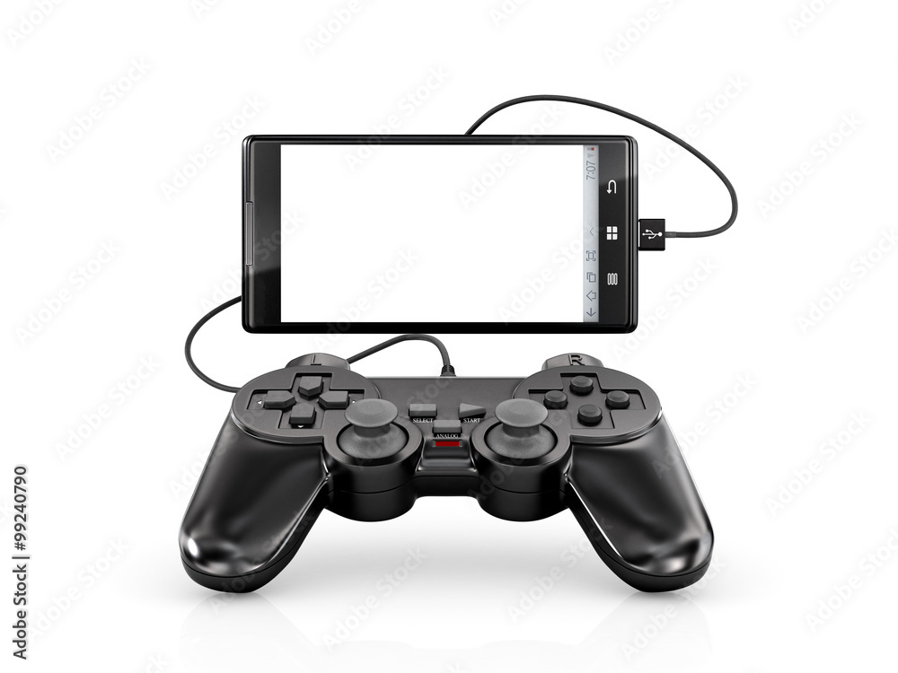 Modern smartphone connected with gamepad, isolated on white back Modern smartphone connected with gamepad, isolated on white back