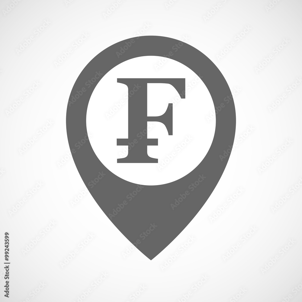 Isolated map marker with a swiss franc sign Isolated map marker with a swiss franc sign