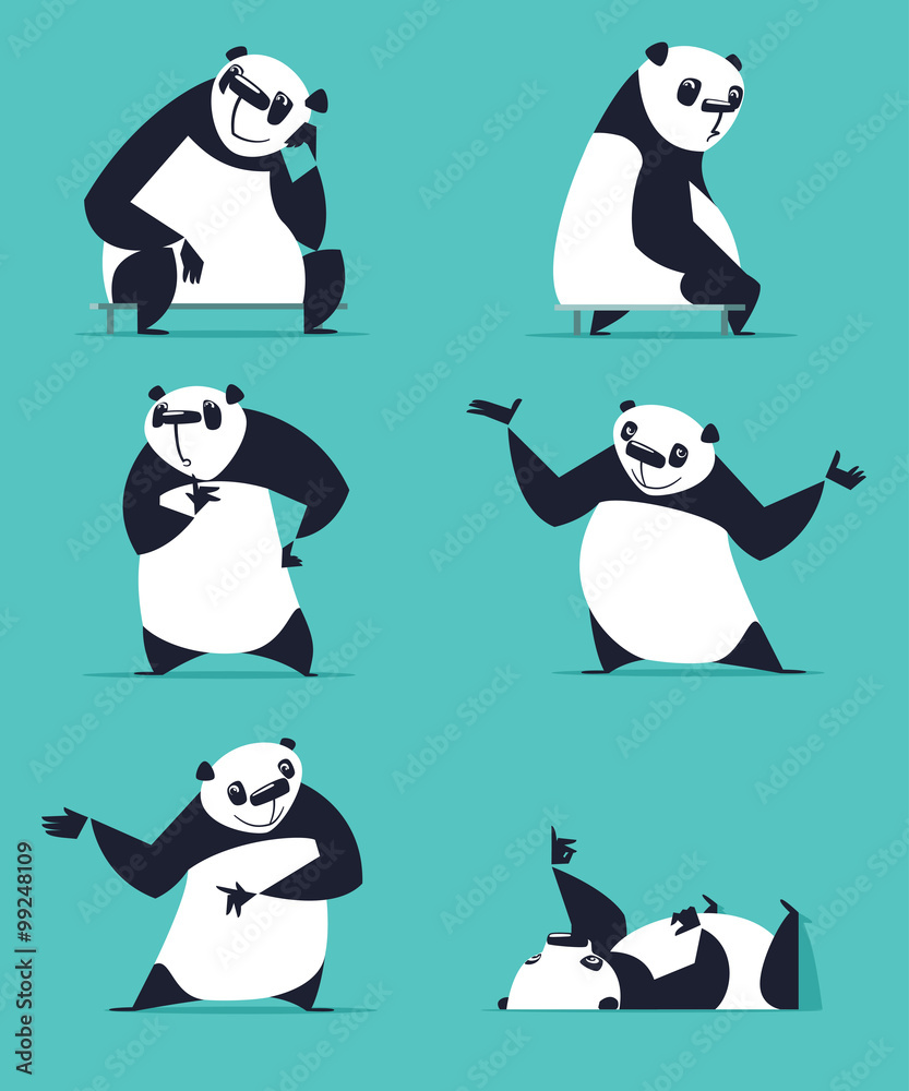 Set of Panda in various poses. Sitting, dreaming, thinking, showing, lying, inviting, turning. Each Panda is in separate layer.
