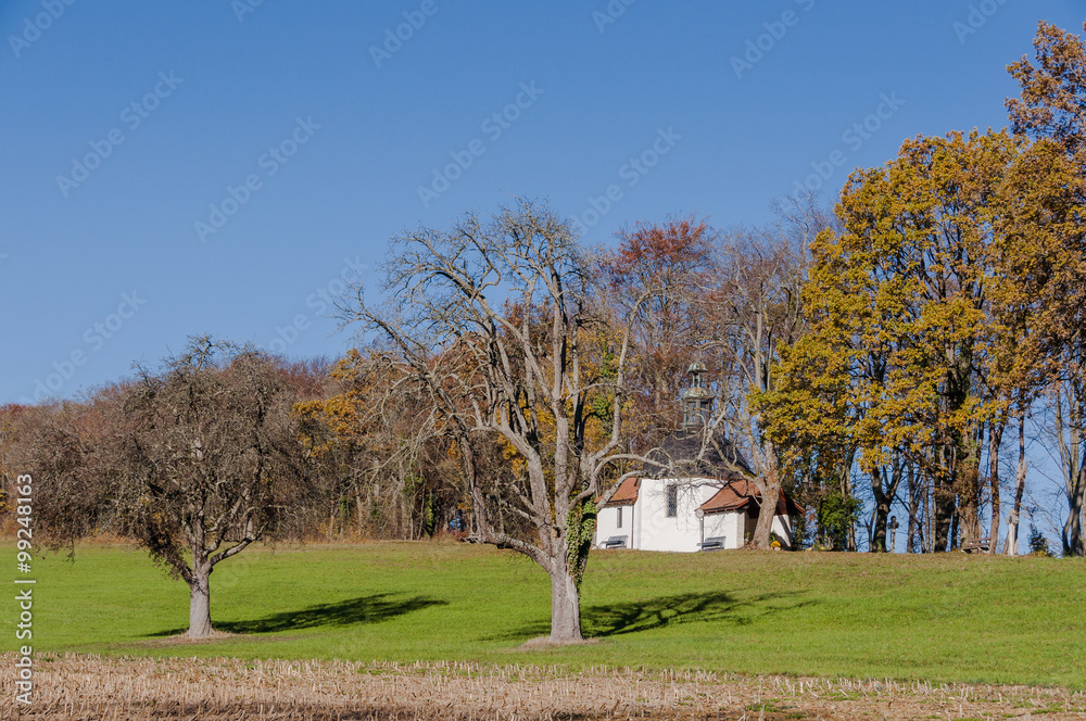 Mariastein, Dorf, Sankt Annakapelle, Kapelle, Kloster Mariastein, Kloster, Wanderweg, Waldweg, Felder, Herbst, Schweiz