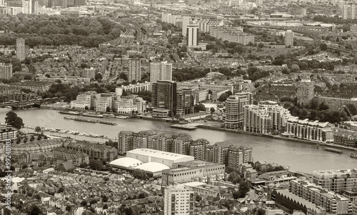 Black and white aerial view of London landmarks