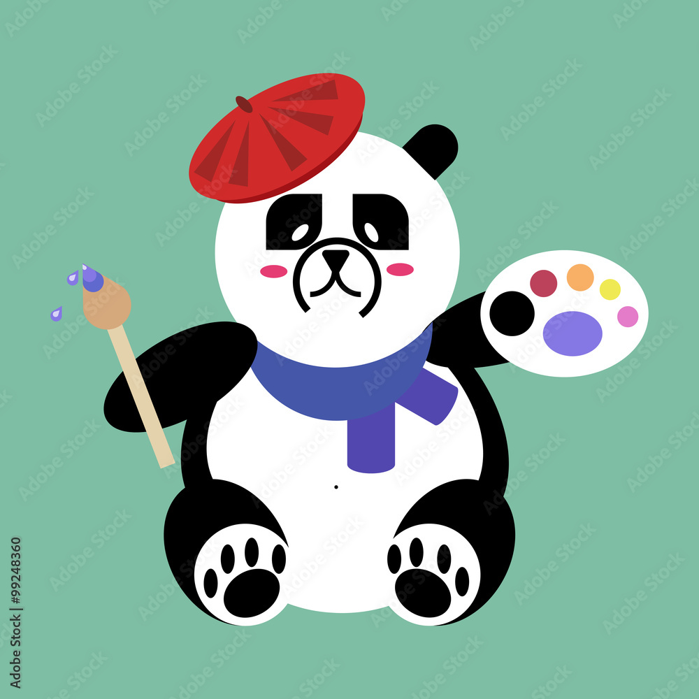 Naklejka premium Panda Bear artist with brush and palette of paints. flat vector icon