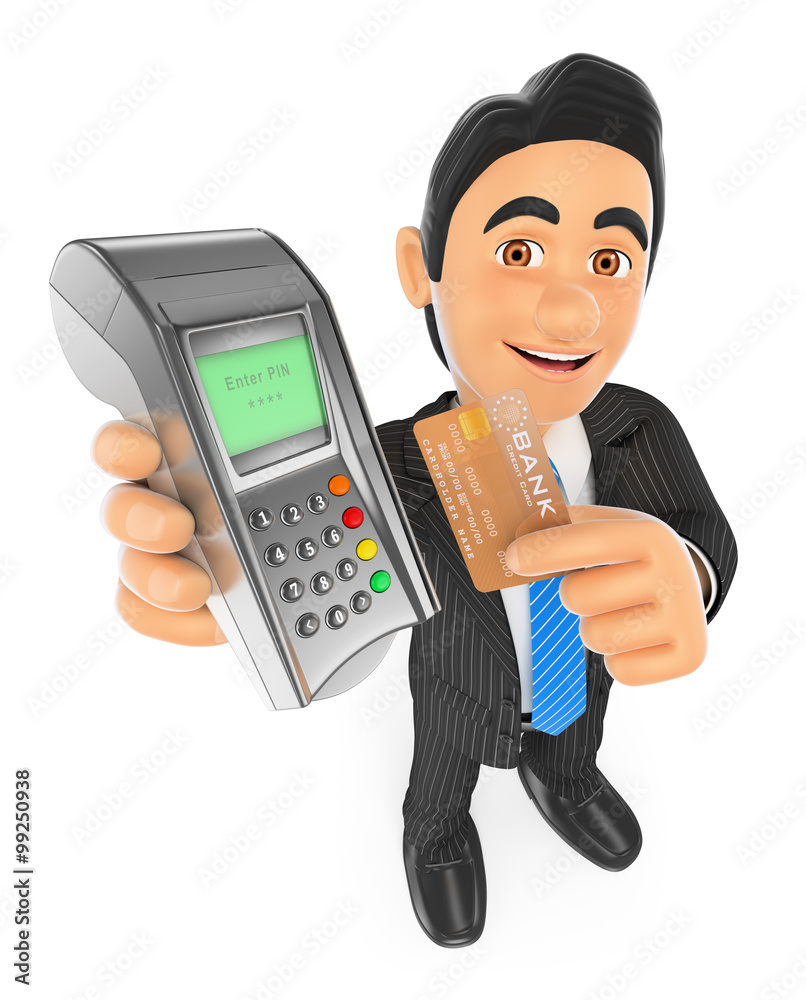 3D Businessman paying with a credit card in a bank terminal 3D Businessman paying with a credit card in a bank terminal